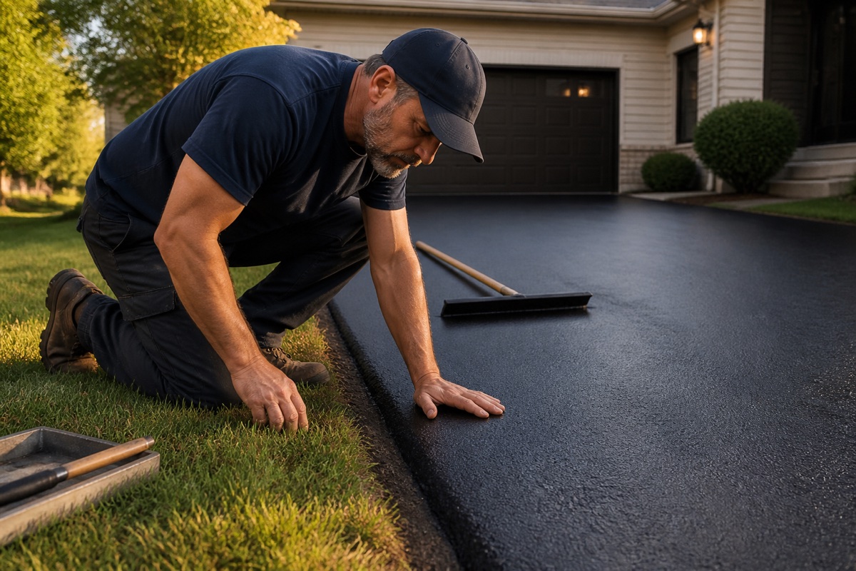 Contractor inspecting the edge of a freshly sealed driveway